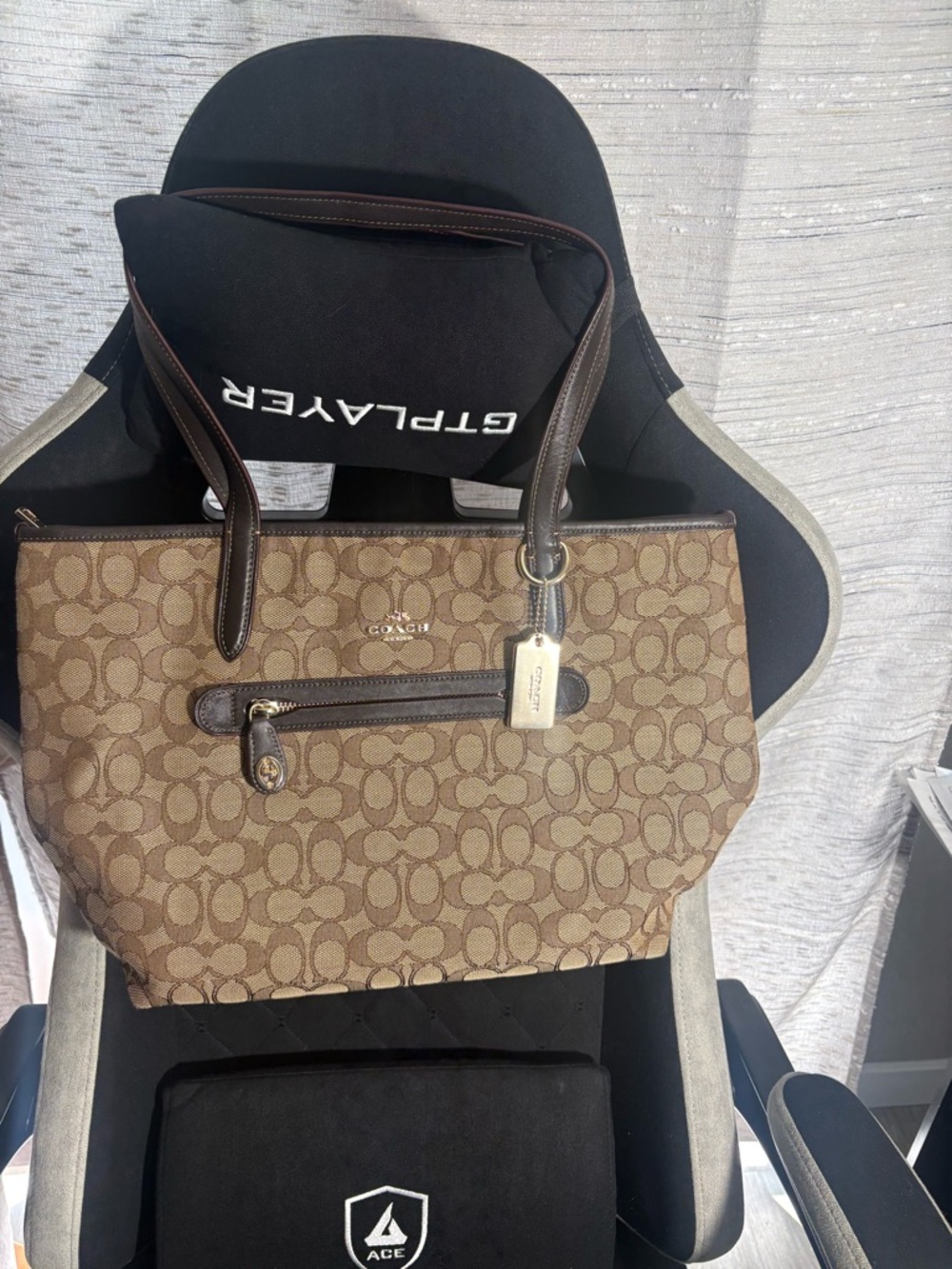 COACH Brown Signature Canvas Tote with Dark Brown Leather Trim